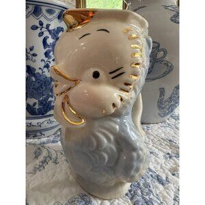 Vintage Shawnee Pottery Blue Gold Trim Chicken Bird Pitcher American Bisque 7”